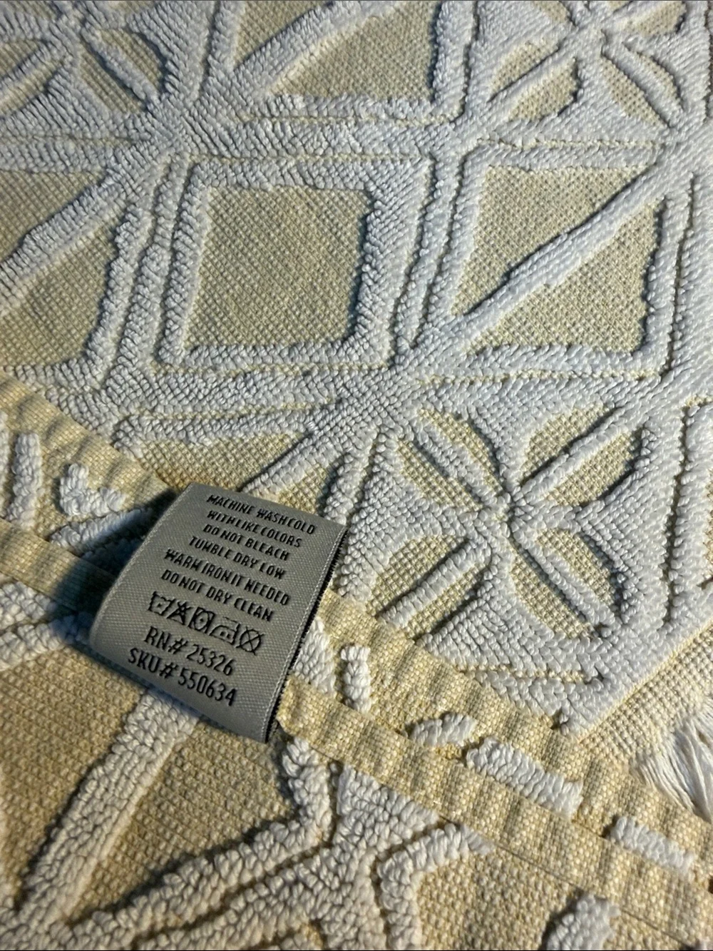 World Market 100%Cotton Textured Diamond Fringe in Cream & White towel set Boho